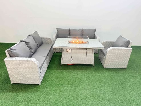 Fimous 7 Seater Poly Rattan Outdoor Garden Furniture Firepit Dining Table Sofa Set Patio 3 Seater Sofa Reclining Chair 3 Seater Sofa Light Grey