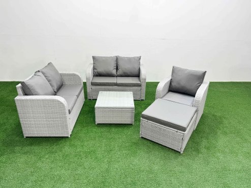 Fimous High Back Poly Rattan Garden Furniture Set with Reclining Chair Loveseat Sofa Square Coffee Table Indoor Outdoor Patio Set Big Stool Light Grey