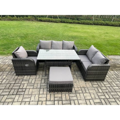Fimous 7 Seater Garden Rattan Furniture Dining Table Sofa Set Indoor Outdoor with Reclining Chairs Big Footstool Dark Grey Mixed
