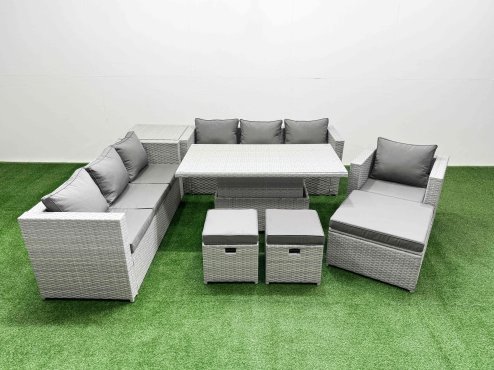 Fimous 7 PCs Rising Dining Table Set Rattan Furniture Set with 3 Seater Sofa Chair 3 Footstools Side Table Light Grey