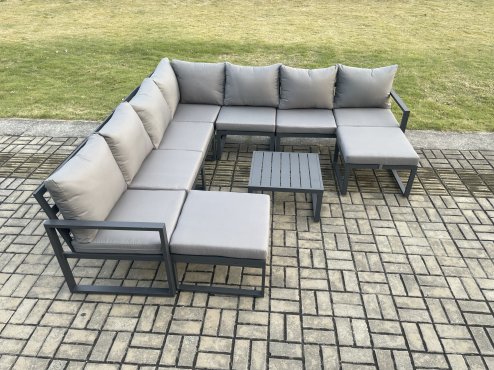 Fimous Aluminium Outdoor Garden Furniture Set Lounge Corner Sofa Square Coffee Table Sets with 2 Big Footstools Dark Grey
