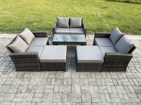 Fimous 8 Seater High Back Rattan Garden Furniture Sofa Sets with Rectangular Coffee Table 2 Big Footstool Dark Grey Mixed