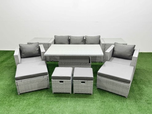 Fimous 10 PCs Rising Dining Table Set Rattan Furniture Set with 3 Seater Sofa Chair 2 Big Footstools 2 Small Footstools 2 Side Tables Light Grey