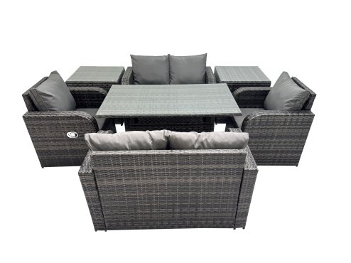 Fimous 6 Seat Outdoor Wicker PE Rattan Garden Furniture Set Dining Table Sofa Sets with 2 Side Tables Dark Grey Mixed