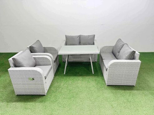 Fimous 6 Seater Rattan Garden Furniture Set Outdoor Love Sofa Set with Rectangular Dining Table Light Grey