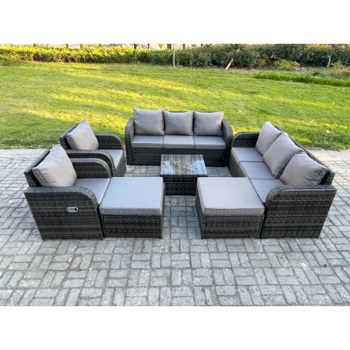Fimous 10 Seater Outdoor Rattan Garden Furniture Set Conservatory Patio Sofa Coffee Table With 2 Big Footstool Dark Grey Mixed