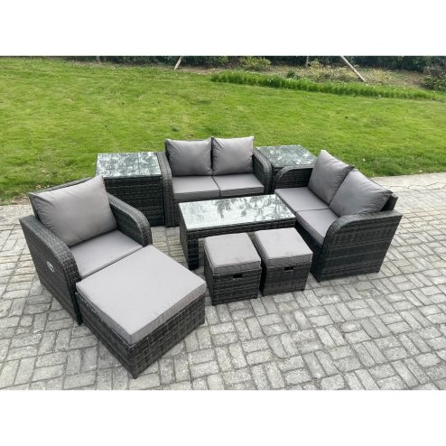 Fimous 8 Seater Rattan Outdoor Garden Furniture Sofa Set Patio Table & Chairs Set with 2 Side Tables 3 Footstools Dark Grey Mixed