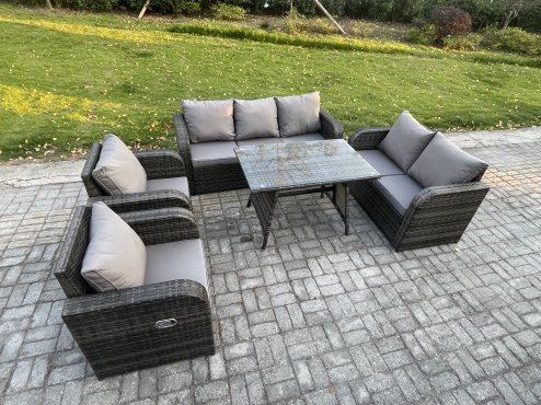 Fimous 7 Seater High Back PE Rattan Sofa Set Outdoor Garden Furniture Dining Table Set With Reclining Chair 3 Seater Sofa Love Sofa