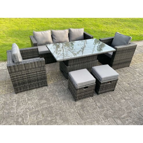 Fimous Rattan Garden Furniture Set Rising Adjustable Lifting Dining Table Lounge Sofa Set With Foostools Dark Grey Mixed