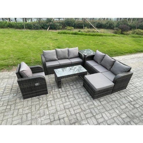 Fimous 8 Seater Wicker PE Rattan Sofa Set Outdoor Patio Garden Furniture Set with Side Table Reclining Chairs Coffee Table Big Footstool Dark Grey Mixed