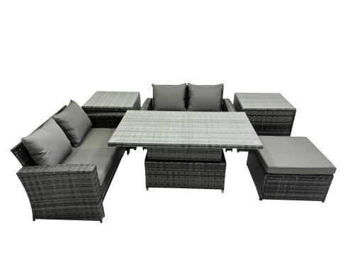 Fimous Outdoor Love Sofa Set 5 Seat Rattan Garden Furniture Set with Adjustable Lifting Dining or Coffee Table Dark Grey Mixed