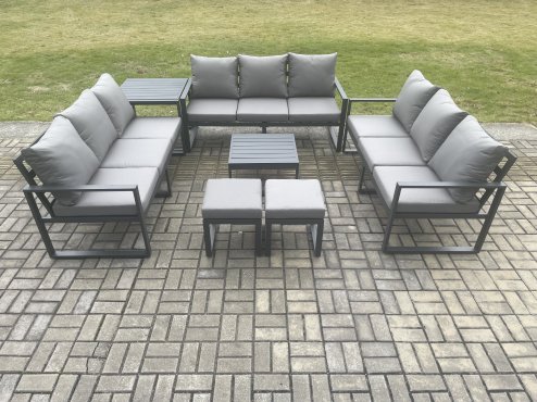 Fimous Aluminium 11 Seater Outdoor Garden Furniture Set Patio Lounge Sofa with Square Coffee Table Side Table 2 Small Footstools Conservatory Set Dark Grey