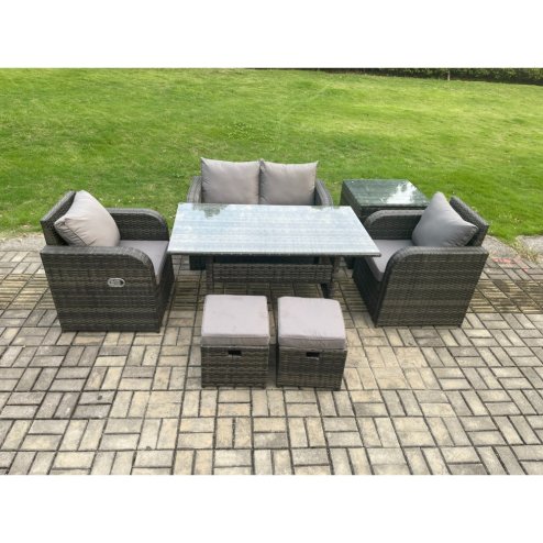 Fimous Outdoor Rattan Garden Furniture Lounge Sofa Set With Oblong Rectangular Dining Table 2 PC Reclining Chair Side Table 2 Small Footstool