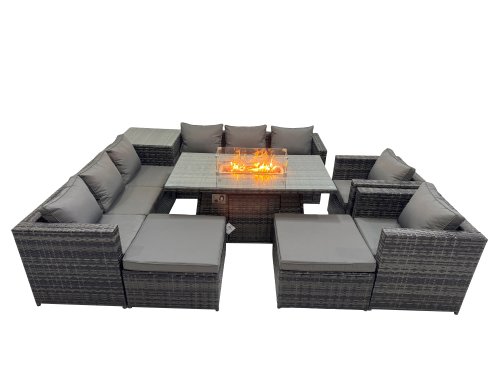 Fimous 10 Seater Garden Outdoor Rattan Furniture Set Patio Corner Sofa Gas Firepit Dining Table with Side Table 2 Big Stools Dark Grey