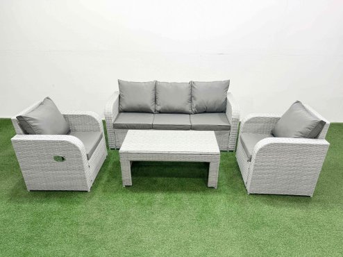 Fimous PE Rattan Garden Furniture Set Reclining Chair Sofa Lounge Sofa Set Rectangular Coffee Table Light Grey