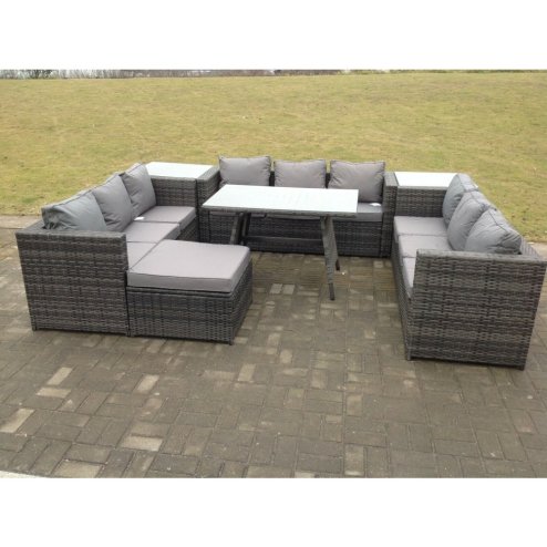 Fimous 10 Seater U Shape Rattan Sofa Set Outdoor Garden Furniture Patio Dining Table Dark Grey Mixed