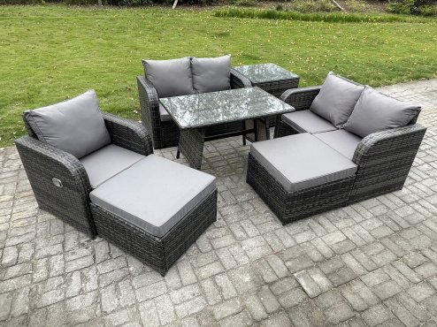 Fimous 7 Seater Outdoor Garden Dining Sets Rattan Furniture With Dining Table Armchairs Love Sofa 2 Big Footstool Side Table Dark Grey Mixed