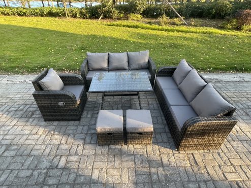 Fimous Outdoor Lounge Sofa Set Wicker PE Rattan Garden Furniture Set with Rectangular Dining Table Reclining Chair 2 Small Footstools Dark Grey Mixed