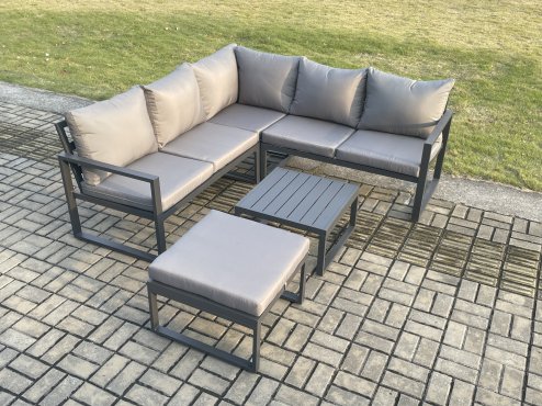 Fimous Outdoor Garden Furniture Set Aluminium Lounge Sofa Square Coffee Table Sets with Big Footstool Indoor Conservatory Set Dark Grey