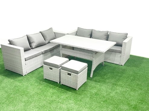 Fimous Rattan Garden Furniture Set 8 Seater Outdoor Sofa Set with Dining Table 2 Small Footstools Light Grey Mixed
