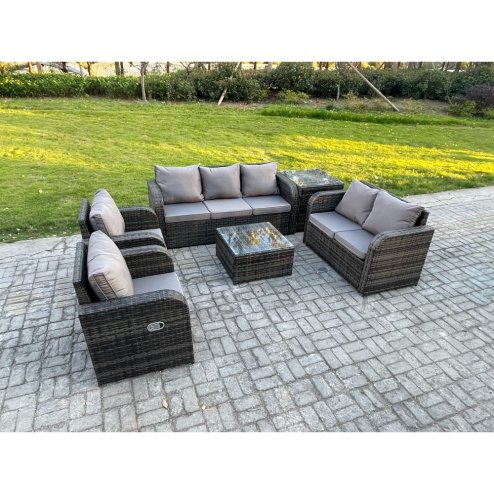 Fimous 7 Seater Garden Furniture Set Rattan Outdoor Lounge Sofa Chair With Tempered Glass Table Side Table Dark Grey Mixed