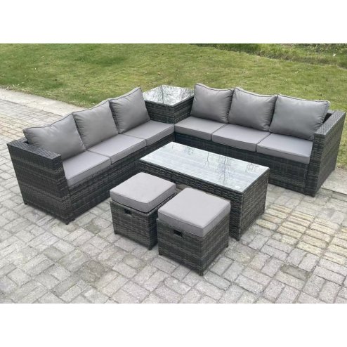 Fimous 8 Seater Rattan Corner Sofa Set With Square Side Table And Oblong Rectangular Coffee Tea Table 2 Stools Dark Grey Mixed