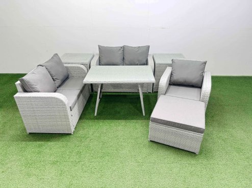 Fimous 6 Seater Outdoor Rattan Garden Furniture Set Love Sofa Reclining Chair Set with Rectangular Dining Table 2 Side Tables Big Footstool Light Grey