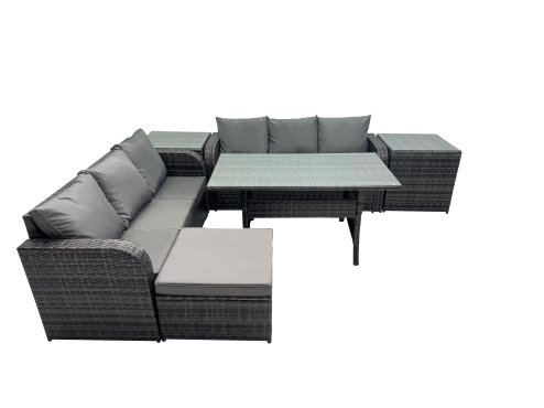 Fimous 7 Seat Outdoor Wicker PE Rattan Garden Furniture Set Dining Table Sofa Set with 2 Side Tables Dark Grey Mixed