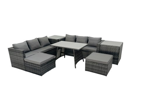 Fimous Rattan Dining Table Sofa Set with 2 Side Tables 2 Big Footstools Outdoor Garden Furniture Set Dark Grey Mixed