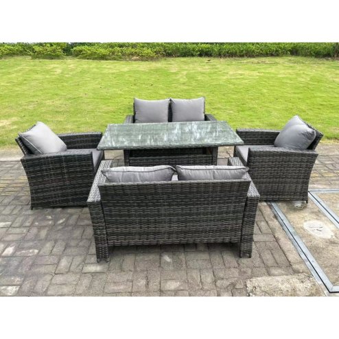 Fimous 6 Seater Outdoor Dark Grey Mixed High Back Rattan Sofa Dining Table Set Garden Furniture Arm Chairs Love Sofa