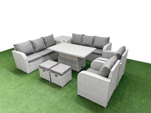 Fimous PE Rattan High Back Lounge Sofa Set Patio Adjustable Lifting Dining or Coffee Table & Chairs Set with 3 Seater Sofa Reclining Chair Stools Side Table Light Grey