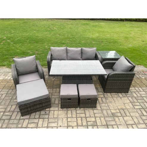 Fimous Outdoor Rattan Furniture Sofa Garden Dining Sets Height Adjustable Rising lifting Table and Chair Set With Side Table 3 Footstools