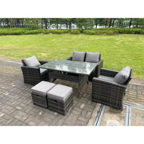 Fimous 6 Seater Outdoor Dark Grey Mixed High Back Rattan Sofa Double Sofa Dining Table Set Garden Furniture Stools