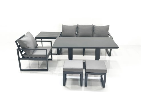 Fimous 6 Seater Garden Sofa Set Aluminium Furniture Rising Dining Tabe Set with Chair Side Table 2 Small Footstools Dark Grey