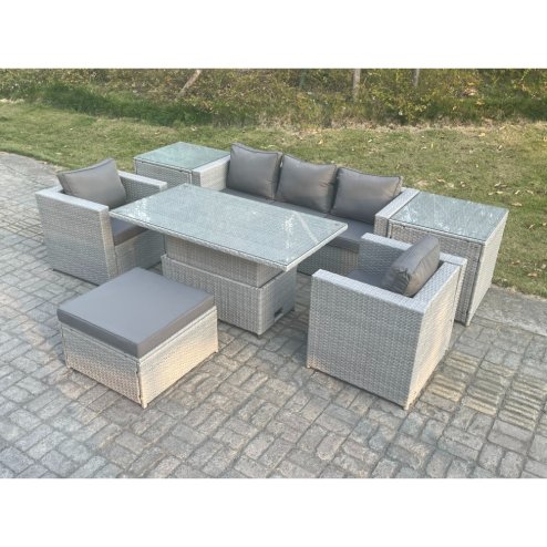 Fimous Rattan Garden Funiture Set Adjustable Rising Lifting Table Sofa Dining Set With 2 Arm Chair 2 Side Table Footstool