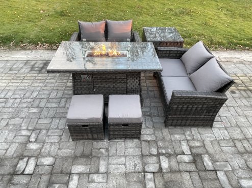 Fimous 6 Pieces Garden Furniture Sets Poly Rattan Outdoor Patio Gas Firepit Dining Table Sofa Set with Side Table 2 Small Footstools