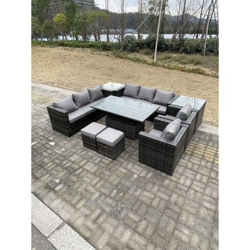 Fimous 9 Seater?Outdoor Rattan Garden Furniture Set Adjustable Rising Lifting Dining Table With Side Table Chairs Stools Dark Grey Mixed
