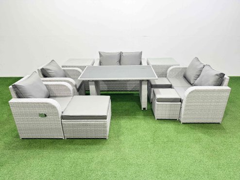 Fimous 10 Pieces Outdoor PE Rattan Sofa Reclining Chair Set Patio Garden Furniture Sets with Cushions 2 Side Tables 3 Stools Light Grey