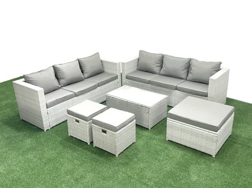 Fimous Garden Outdoor PE Rattan Furniture Set 9 Seater Rattan Garden Sofa Set with 3 Footstools Light Grey Mixed