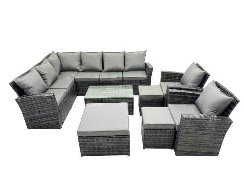 Fimous 11 Seat Rattan High Back Corner Sofa Set Patio Coffee Table Sets with 3 Stools Chair Dark Grey Mixed