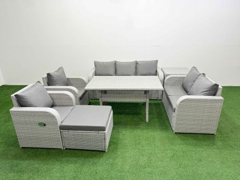 Fimous PE Rattan Garden Furniture Set Reclining Chair Sofa Double Love Seat 2 Seater Sofa Lounge Set Rectangular Dining Table Big Footstool Side Table Light Grey