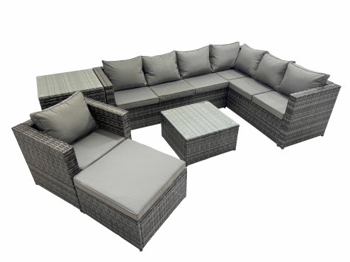 Fimous Outdoor PE Rattan Garden Furniture Sofa Set with Square Coffee Table Chair Big Stool Side Table Dark Grey