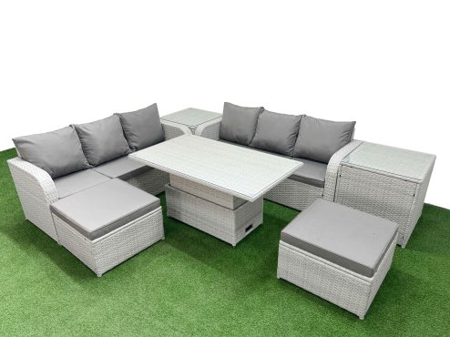 Fimous Outdoor Garden Furniture Sets 8 Seater Wicker Rattan Furniture Sofa Sets with Adjustable Lifting Dining or Coffee Table high Back Lounge Sofa 2 Big Footstool 2 Side Table Light Grey