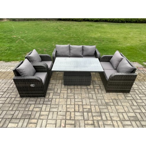 Fimous Rattan Outdoor Garden Furniture Sets Height Adjustable Rising lifting Dining Table Reclining Chair Sofa Set Dark Grey Mixed