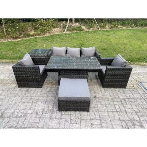 Fimous Outdoor Rattan Garden Furniture Sofa Set Adjustable Rising Lifting Dining Table Set with Side Table 2 Armchairs Big Footstool Dark Grey Mixed