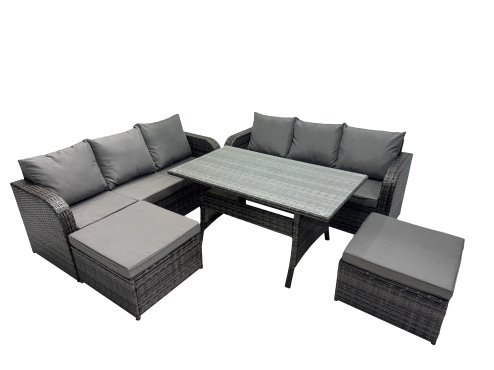 Fimous 8 Seat Outdoor Wicker PE Rattan Garden Furniture Sets Dining Table Sofa Set with 2 Big Stools Dark Grey Mixed