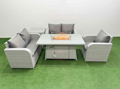 Fimous High Back Poly Rattan Garden Furniture Set with Reclining Chair Loveseat Sofa Firepit Dining Table Indoor Outdoor Patio Set Side Table Light Grey