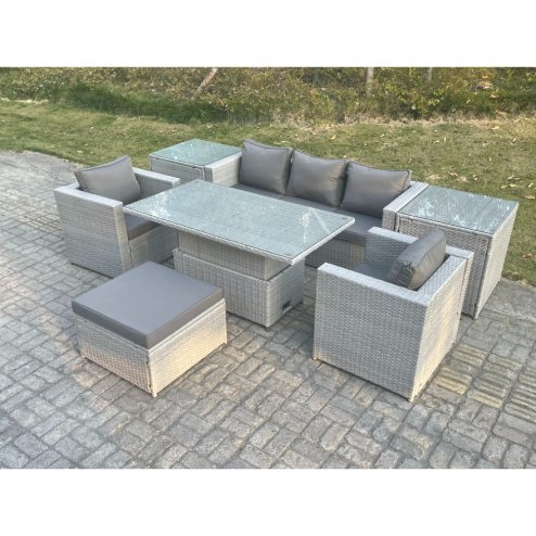 Fimous Rattan Garden Funiture Set Adjustable Rising Lifting Table Sofa Dining Set With 2 Arm Chair 2 Side Table Footstool