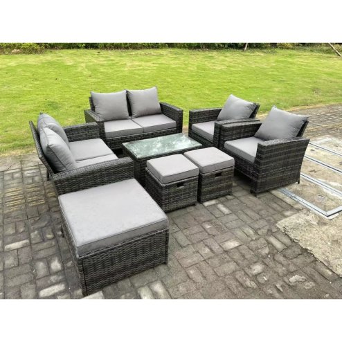 Fimous 9 Seater Dark Grey Mixed High Back Rattan Sofa Set Oblong Coffee Table Garden Furniture Outdoor Patio