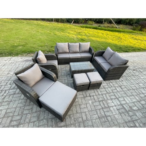 Fimous Patio Garden Furniture Sets Wicker 10 Seater Outdoor Rattan Furniture Sofa Sets with Rectangular Coffee Table Reclining Chair Loveseat Sofa 3 Footstools